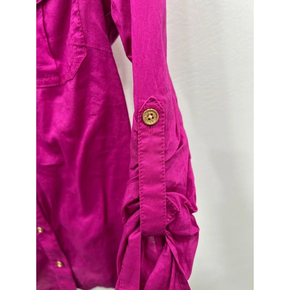 Tory Burch Button Front Shirt Sz 0 Magenta Pink Designer Preppy Roll Tab Sleeve